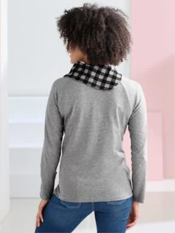 T-shirt Tendance Col Montant Asymétrique à Carreaux Manches Longues