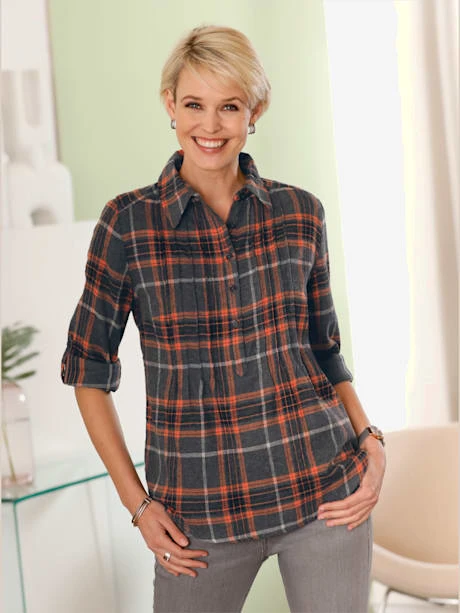 Chemisier à Carreaux En Flanelle Col Chemise Manches Longues Avec Bride 1 Chemisier à Carreaux En Flanelle Col Chemise Manches Longues Avec Bride