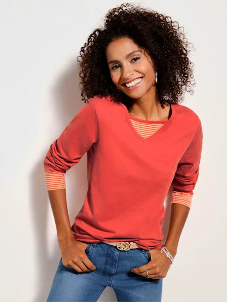 T-shirt En Coton Empiècements Rayés Effet 2 En 1 Col En V Manches Longues 1 T-shirt En Coton Empiècements Rayés Effet 2 En 1 Col En V Manches Longues