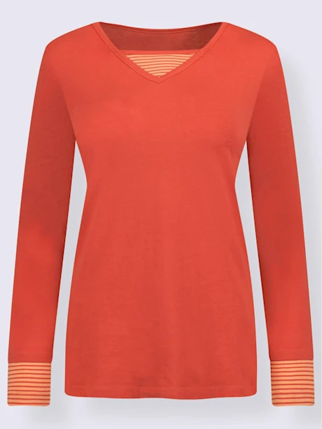 T-shirt En Coton Empiècements Rayés Effet 2 En 1 Col En V Manches Longues 4 T-shirt En Coton Empiècements Rayés Effet 2 En 1 Col En V Manches Longues – Image 4