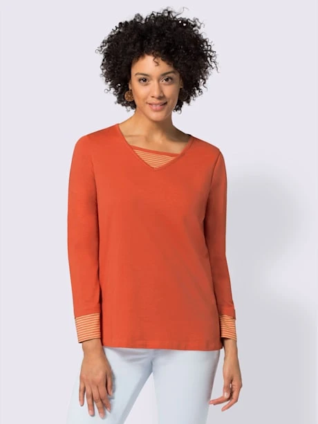 T-shirt En Coton Empiècements Rayés Effet 2 En 1 Col En V Manches Longues 2 T-shirt En Coton Empiècements Rayés Effet 2 En 1 Col En V Manches Longues – Image 2