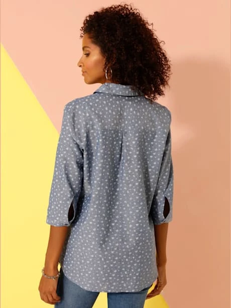 Chemisier Aspect Denim Motif Papillon Col Chemise Manches 3/4 2 Chemisier Aspect Denim Motif Papillon Col Chemise Manches 3/4 – Image 2