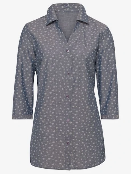 Chemisier Aspect Denim Motif Papillon Col Chemise Manches 3/4 3 Chemisier Aspect Denim Motif Papillon Col Chemise Manches 3/4 – Image 3