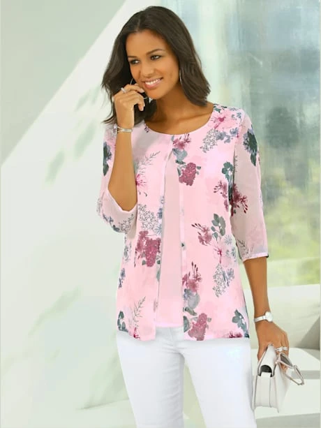 Chemisier Imprimé Fleurs Bimatière Col Rond Manches 3/4 1 Chemisier Imprimé Fleurs Bimatière Col Rond Manches 3/4