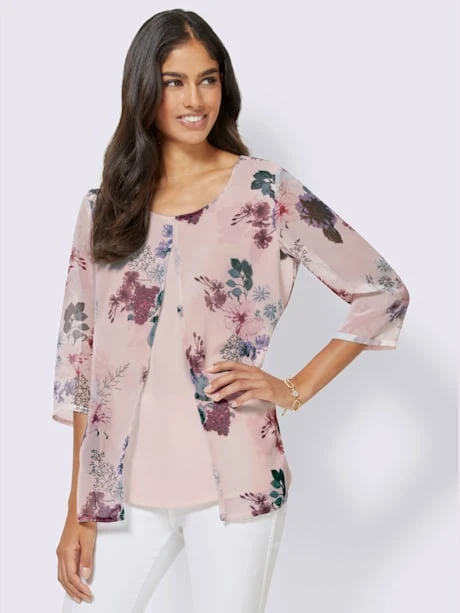Chemisier Imprimé Fleurs Bimatière Col Rond Manches 3/4 2 Chemisier Imprimé Fleurs Bimatière Col Rond Manches 3/4 – Image 2