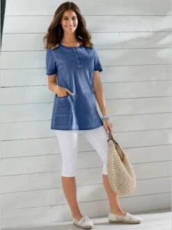 T-shirt Long Petit Col Boutonné Manches Courtes