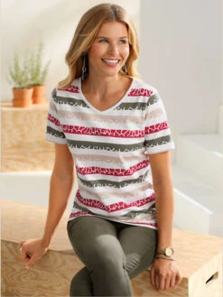 T-shirt Femme à Rayures Mutlicolores Col V