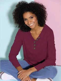 T-shirt Femme Col En V Avec Boutons Décoratifs Manches Longues