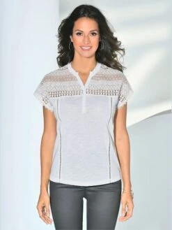 T-shirt Ajouré Empiècement Broderie Col Tunisien Et Mancherons